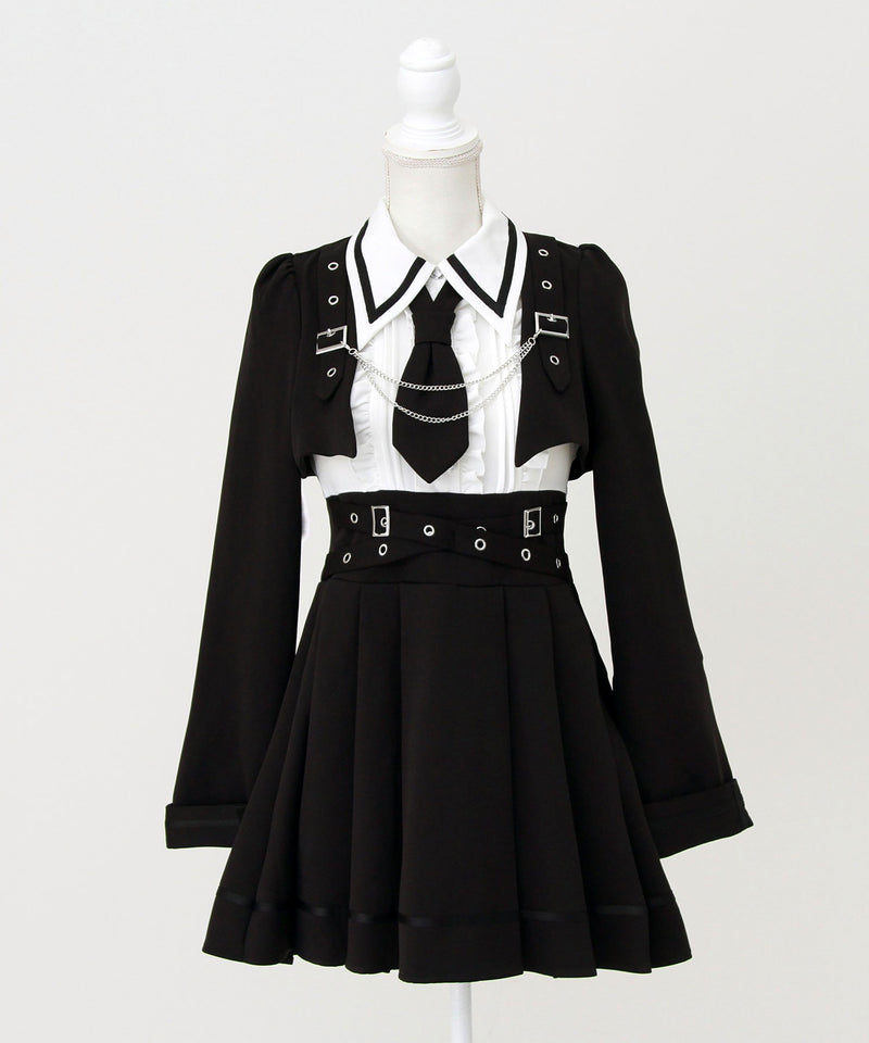 ジャケット風チェーンネクタイベルトプリーツワンピース – レディース