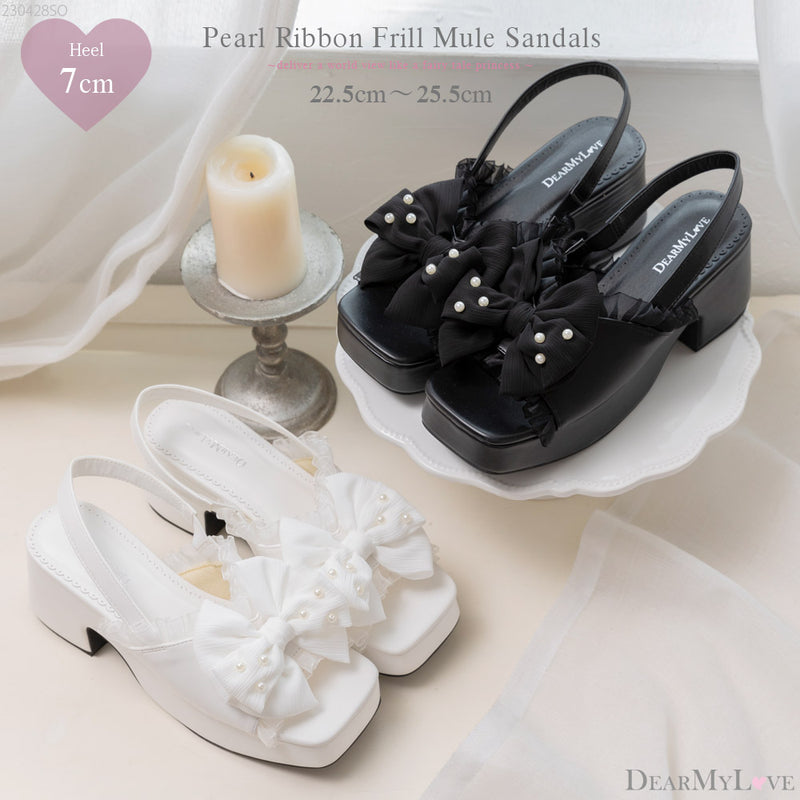 大きめパールリボンフリルミュールサンダル – レディースファッション