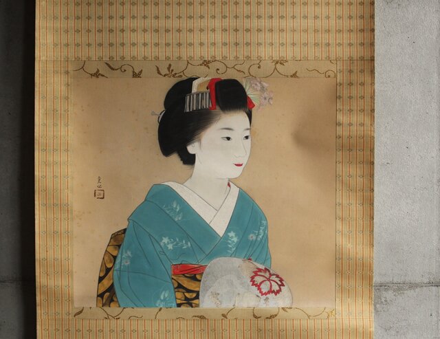 合掌描 中村貞以 舞子美人画 絹本軸装 Z634｜骨董店 のびる 古美術