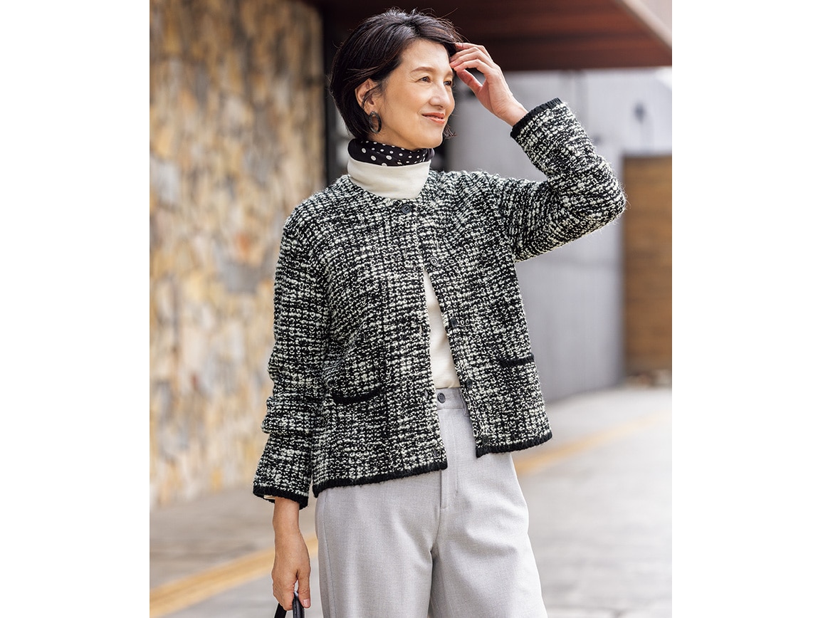 ミックスツイード風ニットジャケット(02_M 95_ブラック×ホワイト