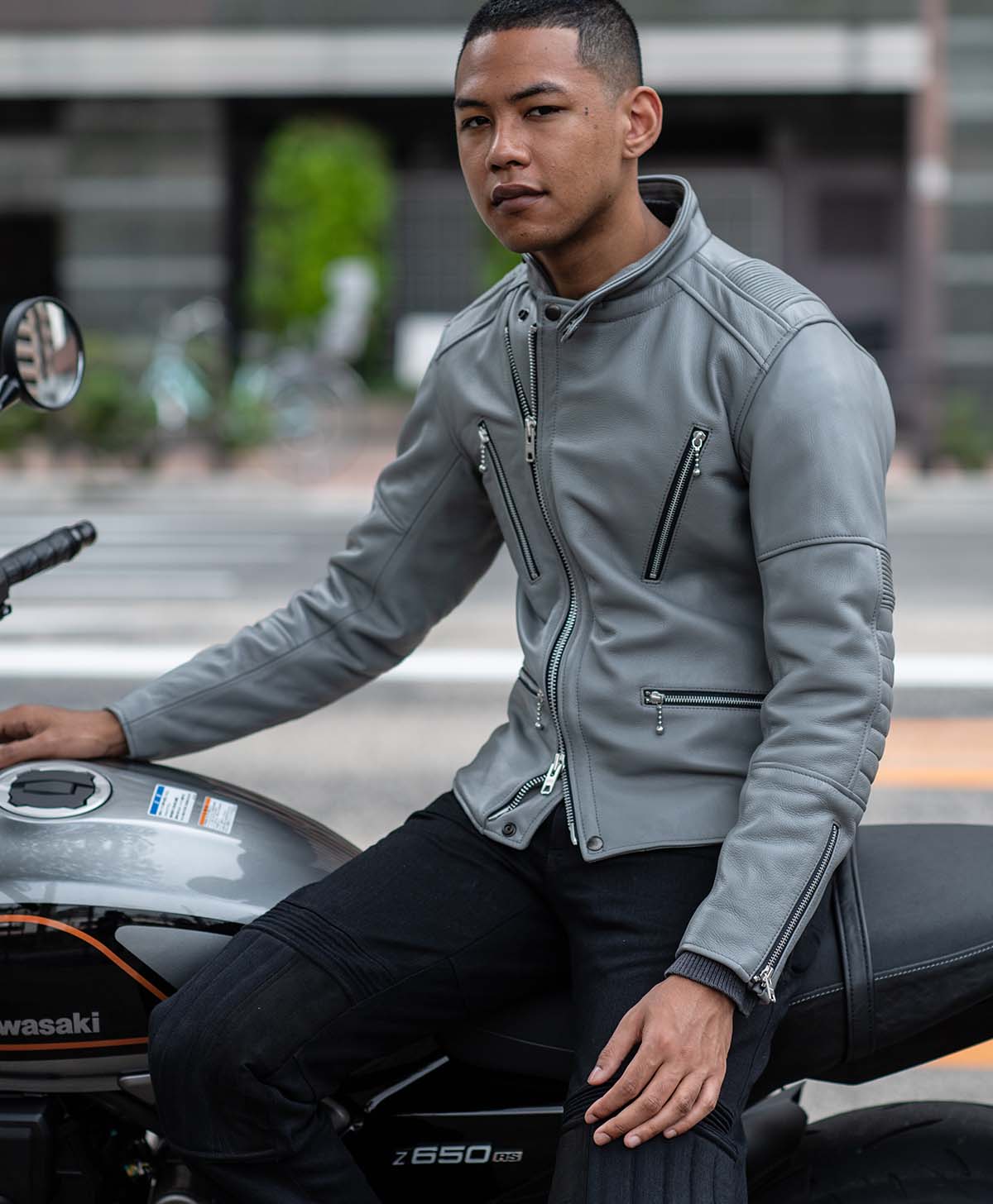 Leather jacket high neck semi-double leather jacket | Kadoya