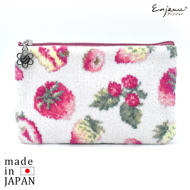 日本製 ストロベリー柄 フラットポーチ フルーツ柄 チャーム付き 通帳