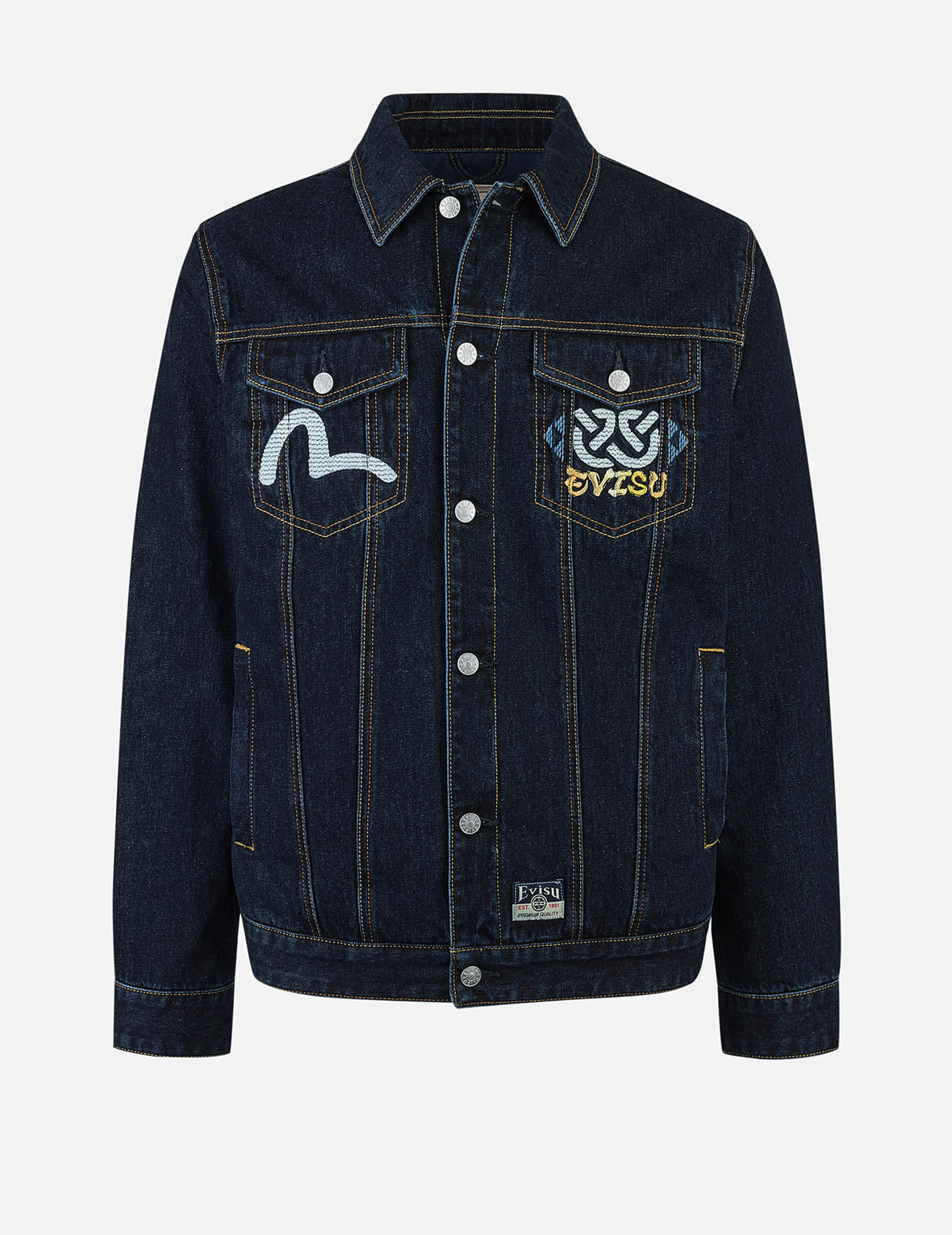 忍者だるま刺繍レギュラーフィットパッド入りデニムジャケット – EVISU