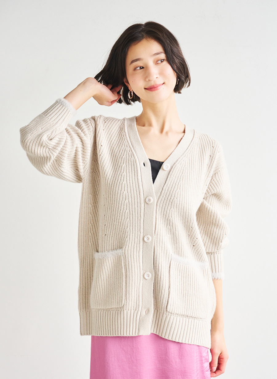 シャギーディテールミドル丈ニットカーディガン｜LOUNIE（ルーニィ
