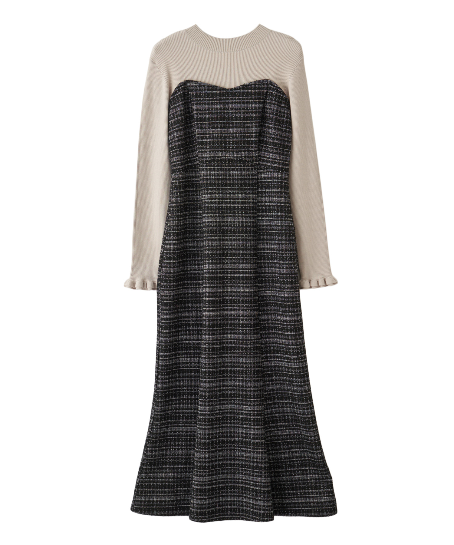 ONLINE限定 低身長サイズあり】ツイードニットドッキングワンピース