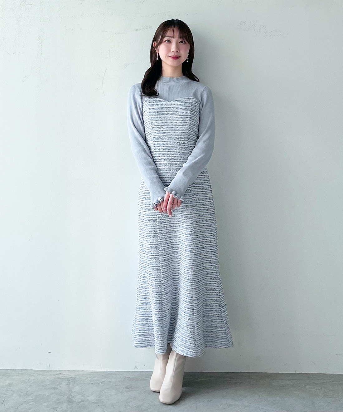 ONLINE限定 低身長サイズあり】ツイードニットドッキングワンピース