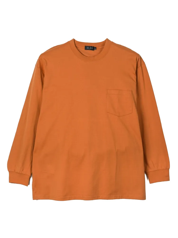 ブラック 【EL.FO】無地ポケット付きタフ衿クルーネック長袖Tシャツ