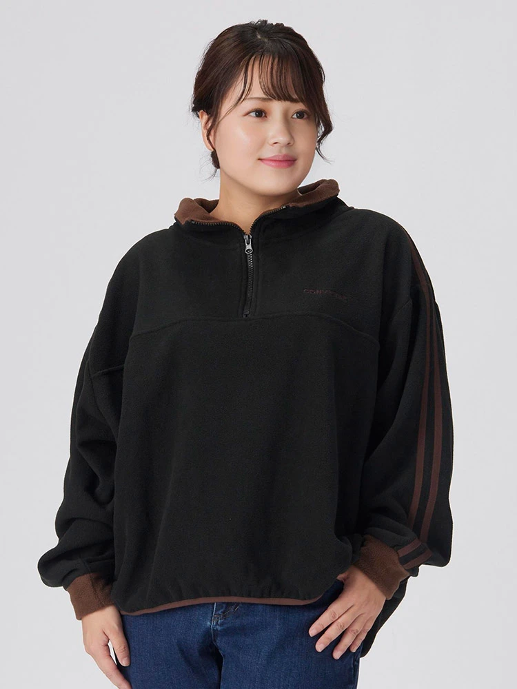 ブラック 【CONVERSE(コンバース)】フリース袖ラインハーフZIP