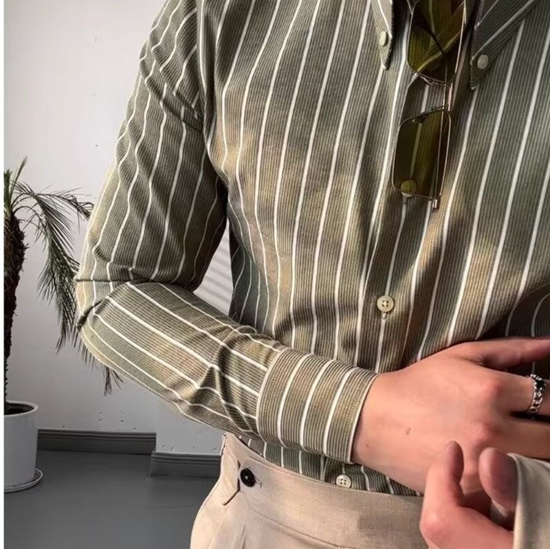 メンズ シャツ 縦縞ストライプ柄長袖ボタンダウンシャツ 柄シャツ